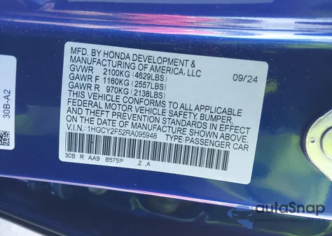 2024 Honda Accord Hybrid Sport из США, поврежденный, VIN 1HGCY2F52RA095948